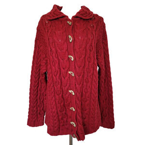 VTG Claouknit Merino Wool Red Cardigan Heavy Knit Fisherman Sz S Hand Finished